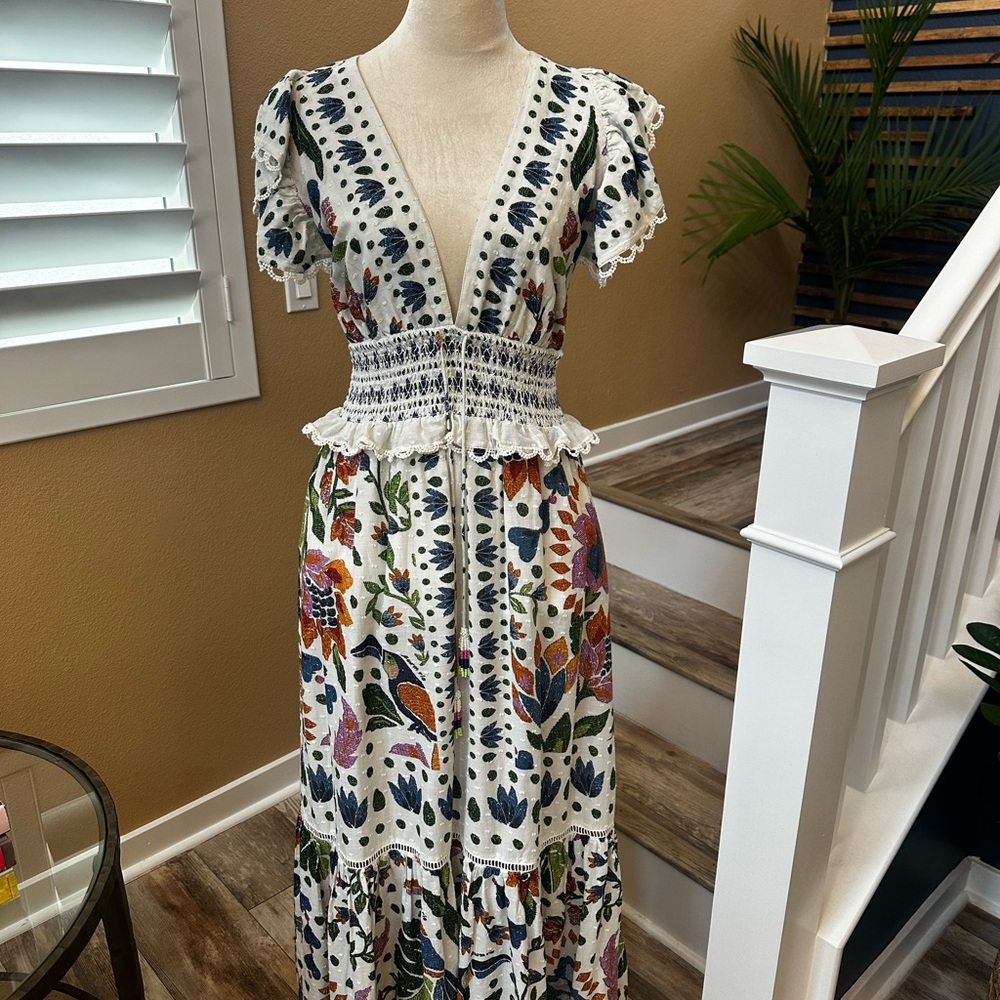 FARM Rio Black and White Plunge Maxi Dress with Flutter Sleeves